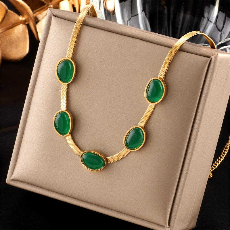 Oval Green Crystal Pendant Necklace & Bracelet Set